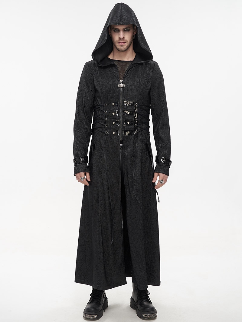 Black Gothic Punk Rivet Long Hooded Coat for Men