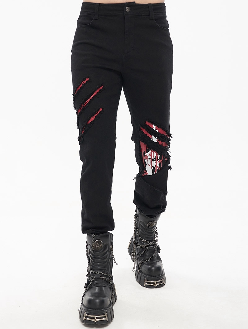 Black and Red Gothic Punk Ripped Pattern Slim Fit Long Trousers for Men