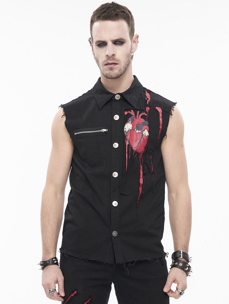 Black and Red Gothic Punk Unedged Sleeveless Shirt for Men