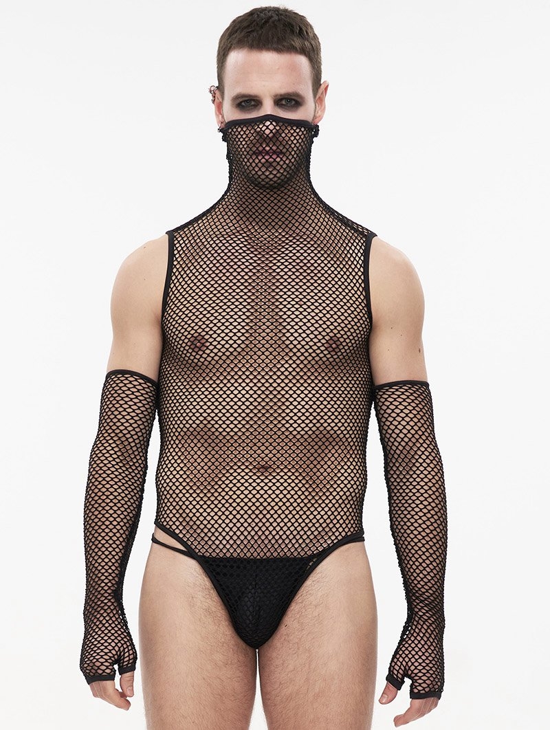 Black Gothic Mesh Sexy Top with Detachable Sleeves for Men