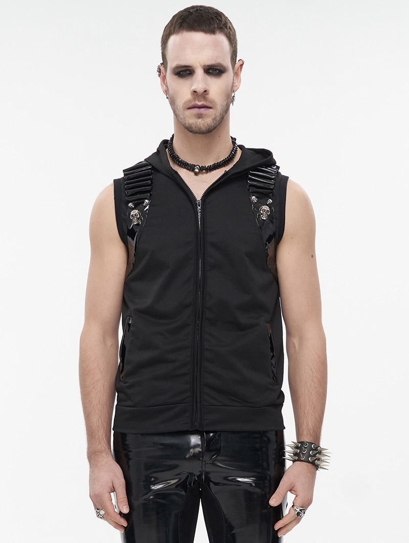 Black Gothic Punk Skull Sleeveless Hooded Vest Top for Men