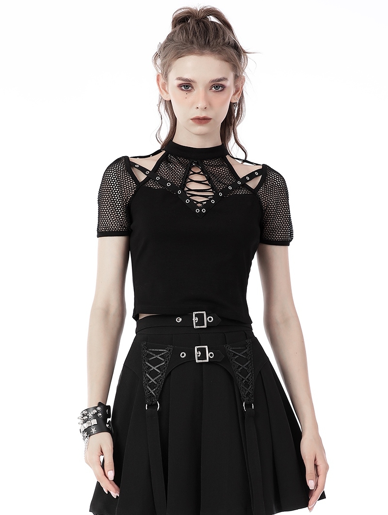 Black Gothic Punk Hollow-out Net Short Sleeve T-Shirt for Women