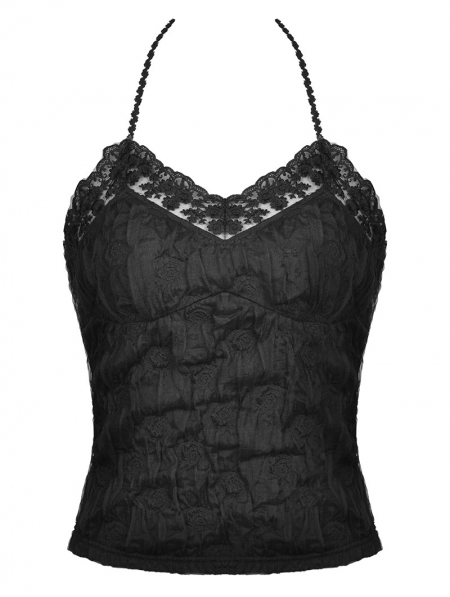 Black Gothic Crinkle Rose Lace Trim Sexy Halter Top for Women ...