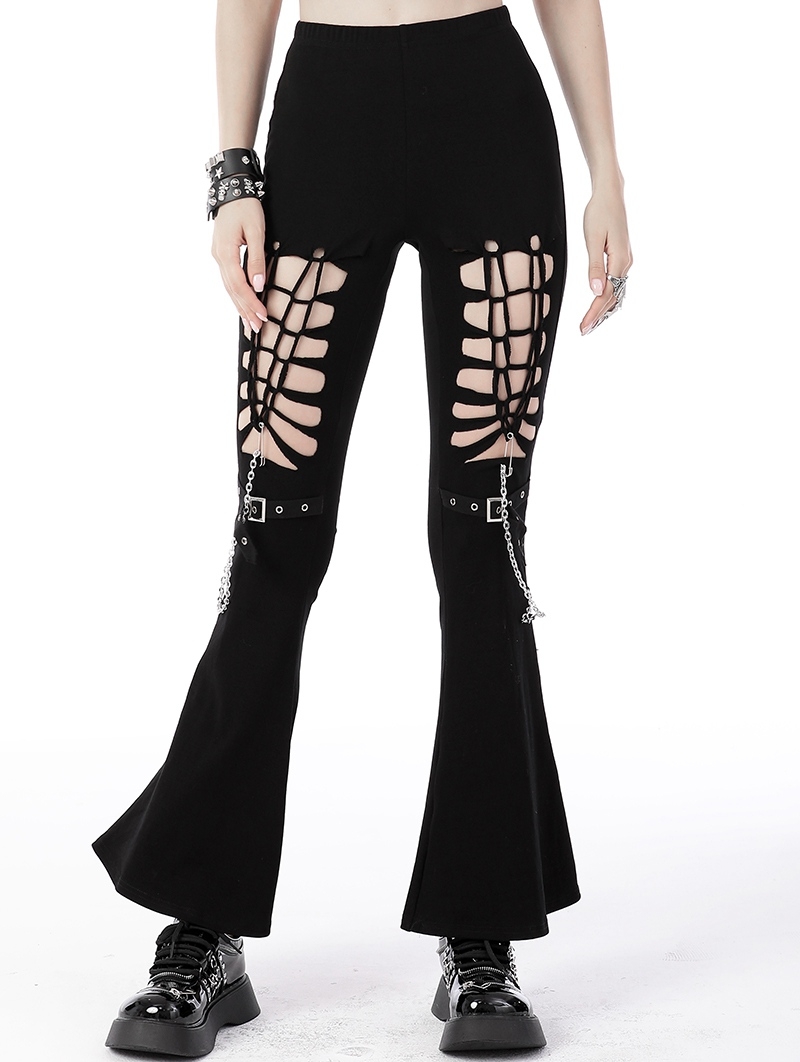 Black Gothic Punk Hollow-out Long Bell-Bottom Trousers for Women