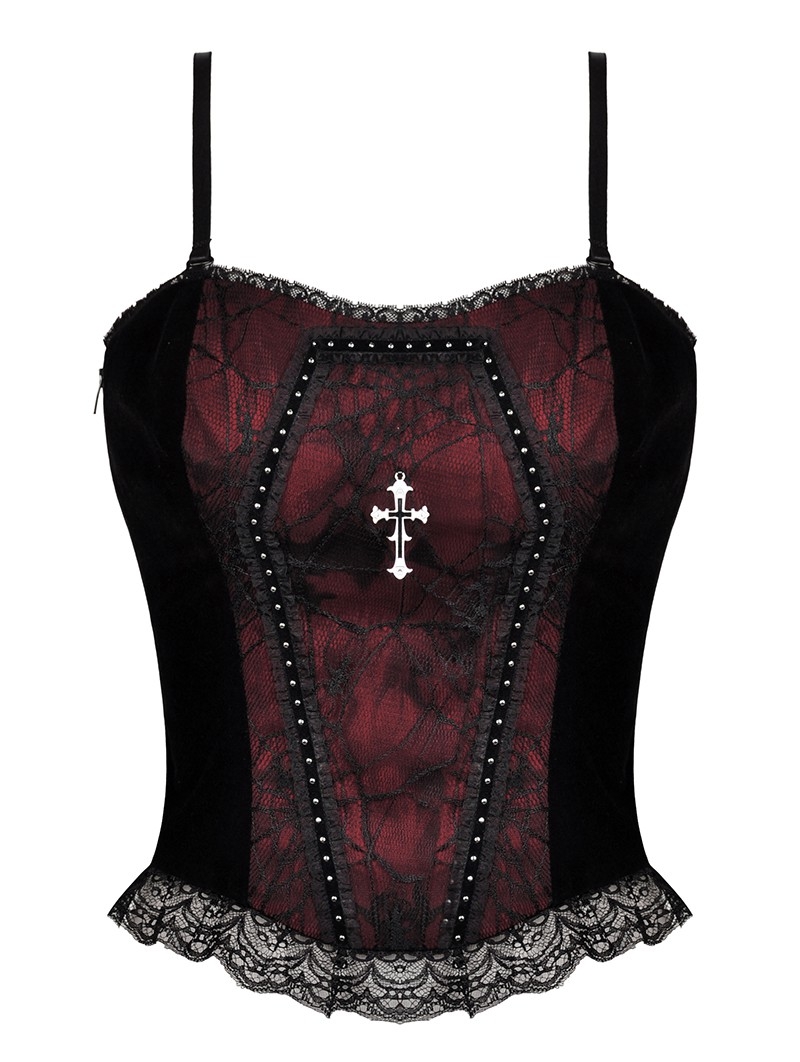 Dark Red Gothic Dead Cross Lace Trim Strap Corset Top for Women