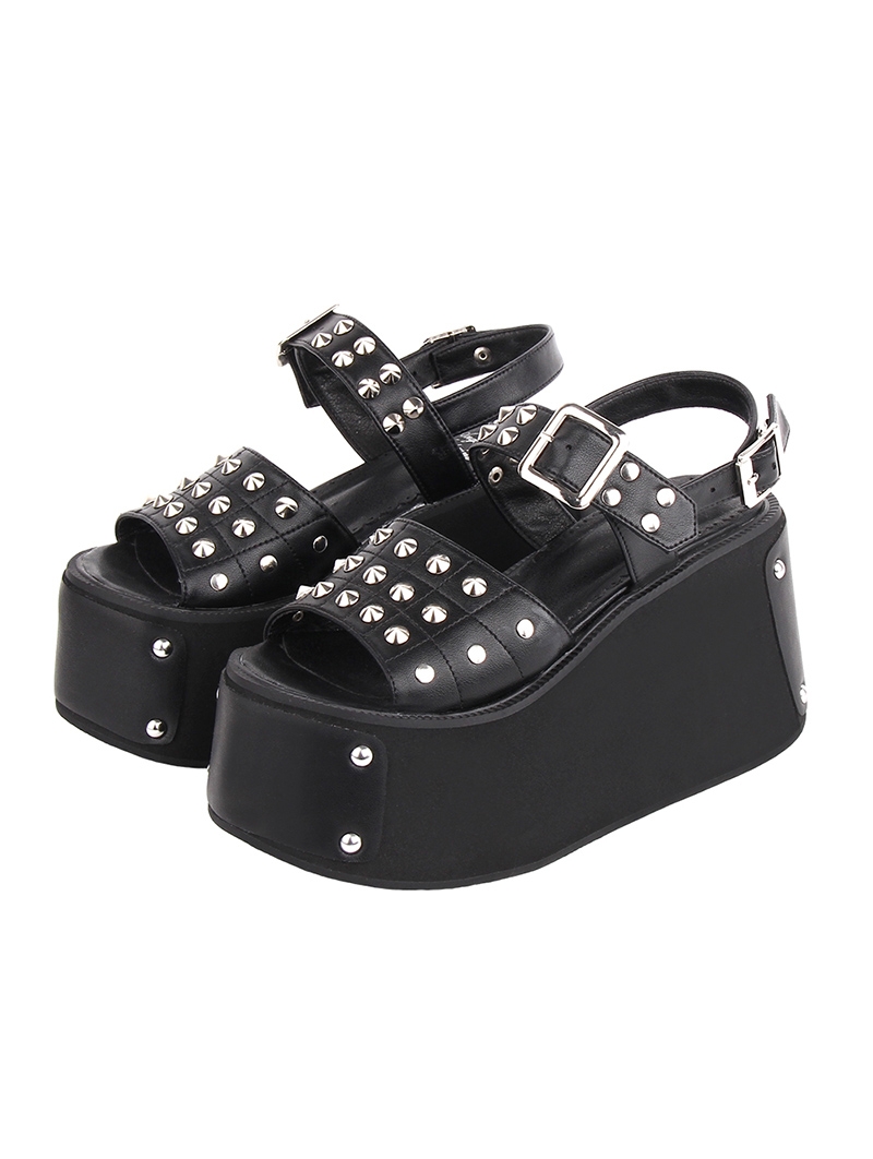 Black Gothic Punk Open Toe Ankle Strap Studded Platform Sandals