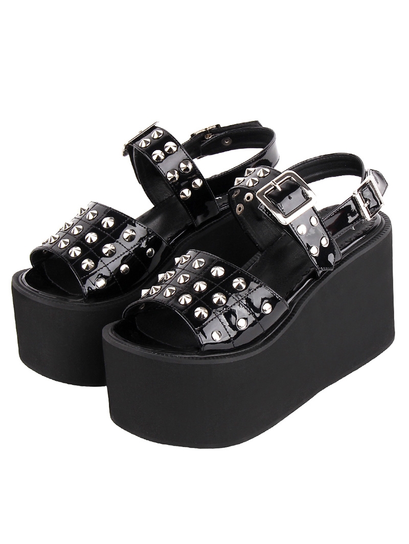 Black Gothic Punk Rivet Open Toe Ankle Strap Platform Sandals