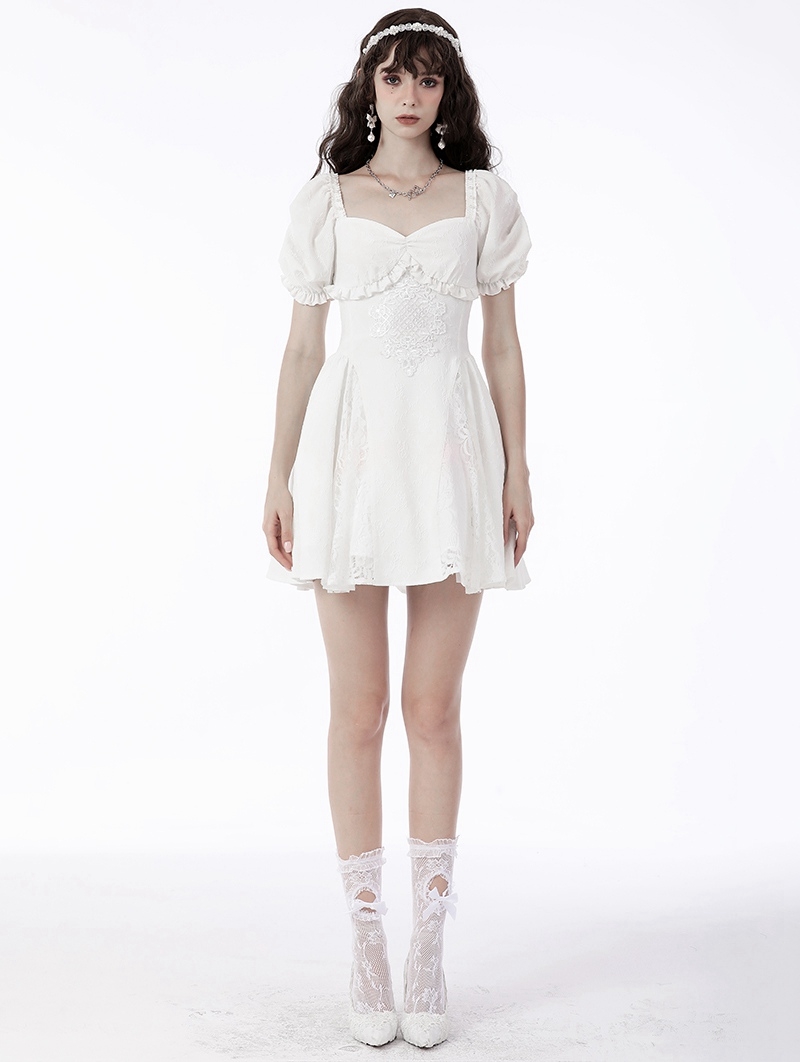 White Angel Gothic Embroidered Short Puff Sleeves Party Dress