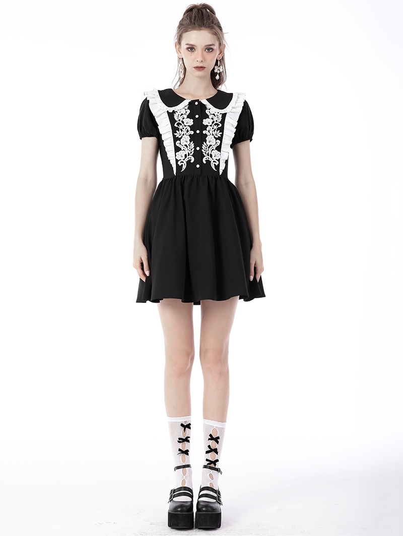 Black and White Cute Gothic Lace Doll Collar Short Dress