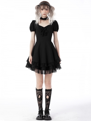 Black Gothic Short Puff Sleeve Daily Wear Mini Dress