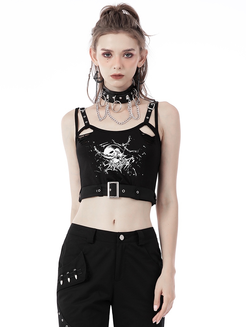 Black Gothic Punk Devil Fish Pattern Sexy Cutout Crop Top for Women