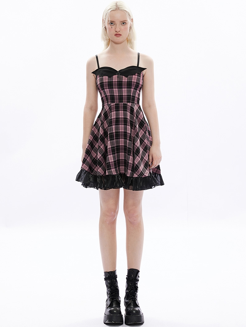 Black and Pink Gothic Grunge Bat Plaid A Line Slip Dress