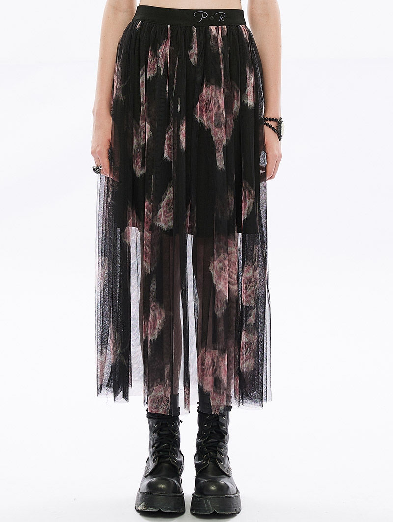 Black and Pink Gothic Rose Printing Embroidery Gauze Long Skirt