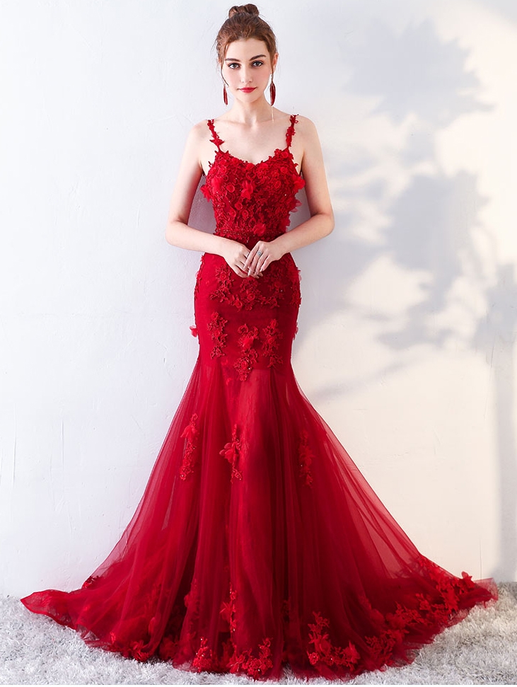 Red Romantic Lace Flower Mermaid Gothic Wedding Dress