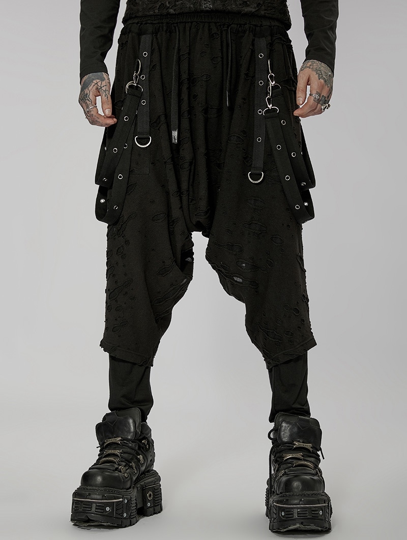 Black Dark Gothic Punk Knitted Holes Loose Crotch Pants for Men