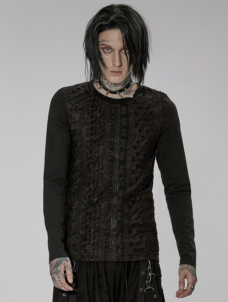 Black Gothic Knitted Printed Slim Fit Long Sleeve T-Shirt for Men