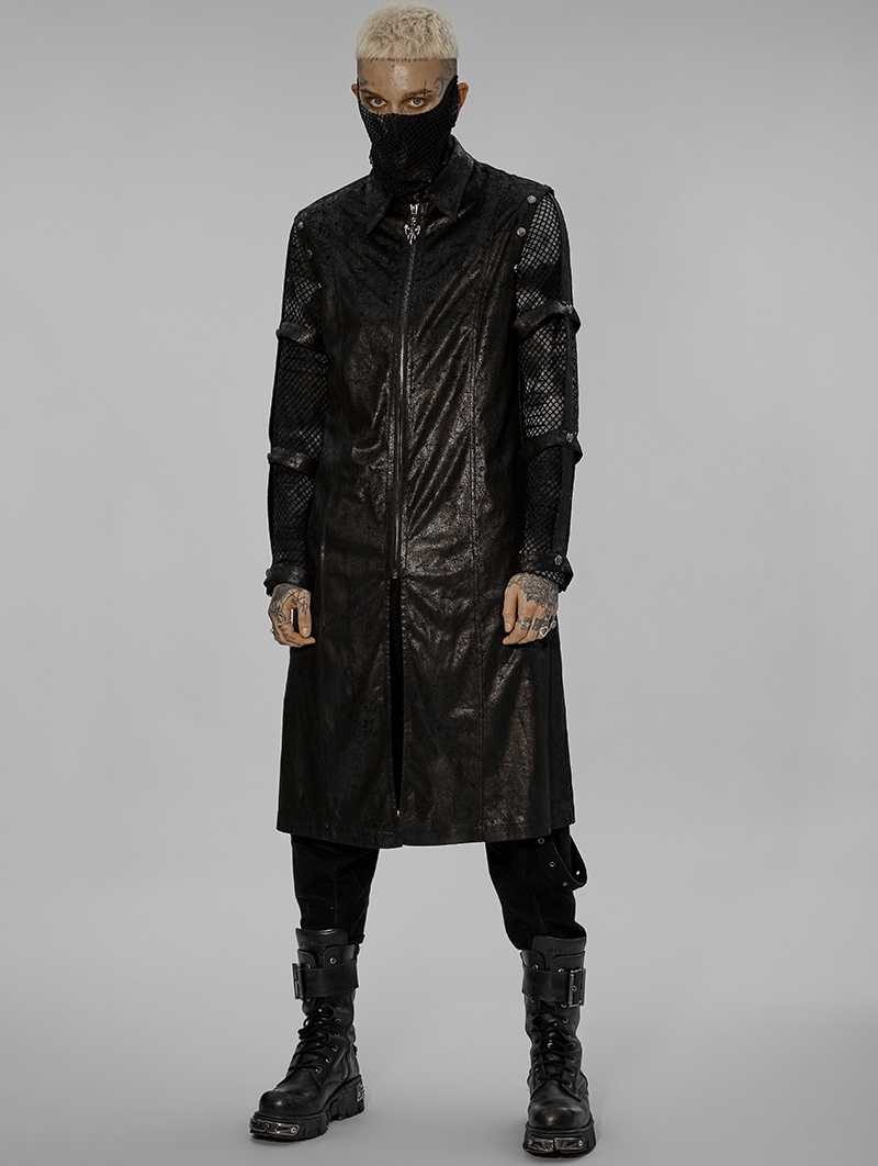 Men's Black Gothic Punk Long Coat with Detachable Hollow Out Sleeves