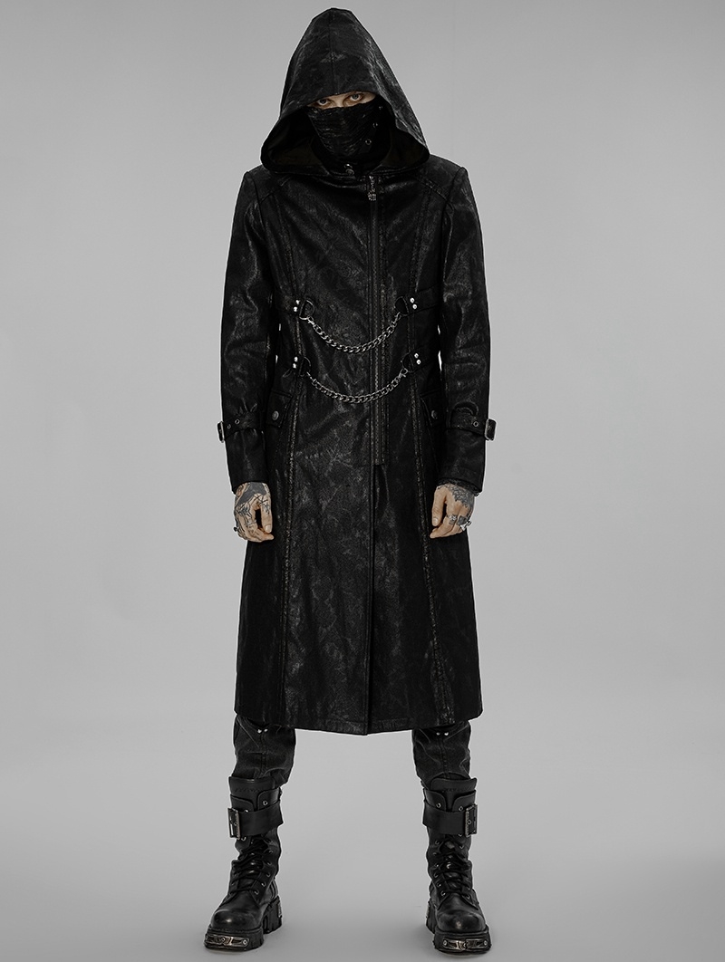 Black Gothic Punk Printing Stand Collar Long Hooded Coat for Men