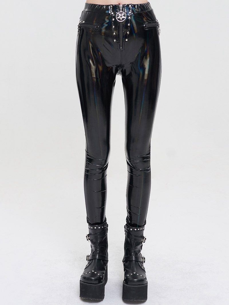 Black Gothic Punk Long Slim PU Leather Pants for Women