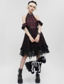 Black and Red Plaid Gothic Chinese Cheongsam  Style Lace Frilly Short Dress