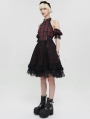 Black and Red Plaid Gothic Chinese Cheongsam  Style Lace Frilly Short Dress