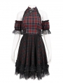 Black and Red Plaid Gothic Chinese Cheongsam  Style Lace Frilly Short Dress