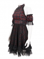 Black and Red Plaid Gothic Chinese Cheongsam  Style Lace Frilly Short Dress