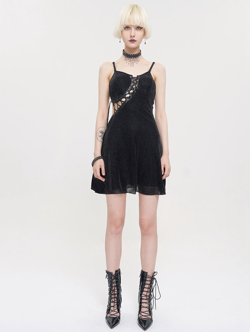 Black Gothic Punk Sexy Hollow Out Lace Up Short Strap Dress