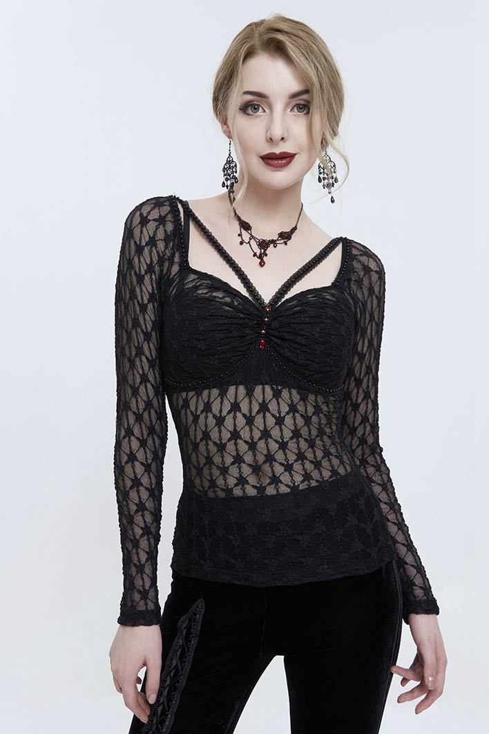 Black Sexy Gothic Lace Transparent Slim Fit Long Sleeve Top for Women