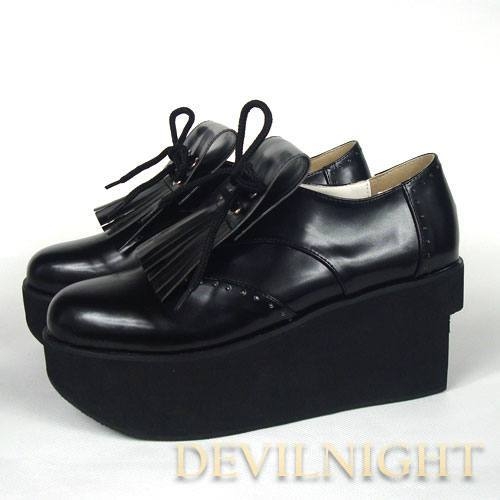 Black/White Classic Lolita Platform Shoes With Chalaza and Tassels