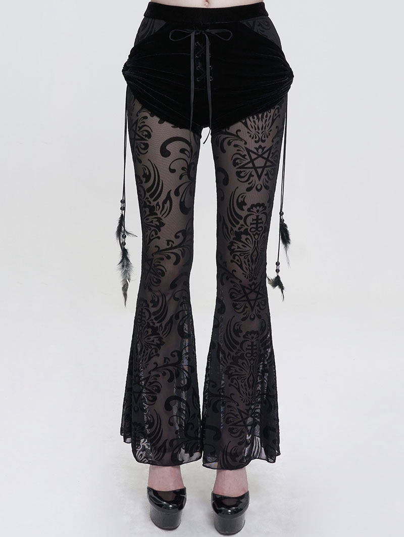 Black Gothic Sexy Casual Feather Long Velvet Flare Pants for Women