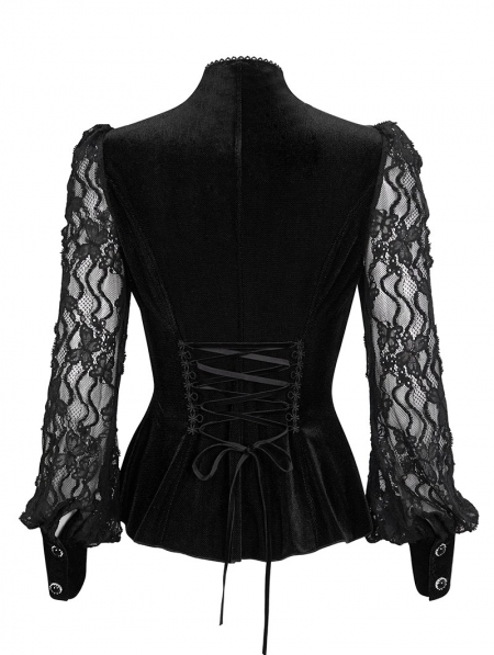 Black Sexy Gothic Lace Velvet Ruffle Long Sleeve Shirt for Women ...