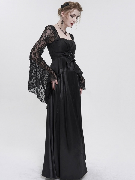 Black Elegant Gothic Retro Lace Appliqued Long Party Dress - Devilnight ...