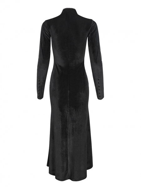 Black Vintage Gothic Velvet Slit Long Sleeve Fishtail Party Dress ...