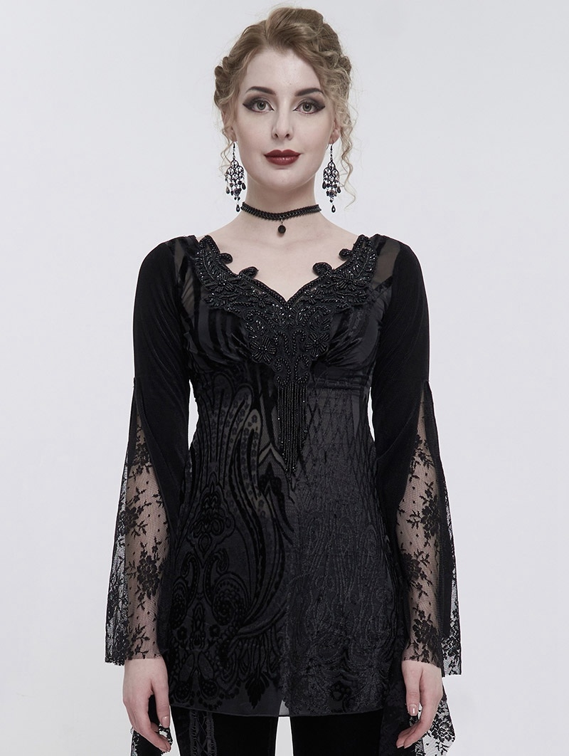 Black Gothic Lace Tasseled Long Trumpet Sleeve Shirt for Women