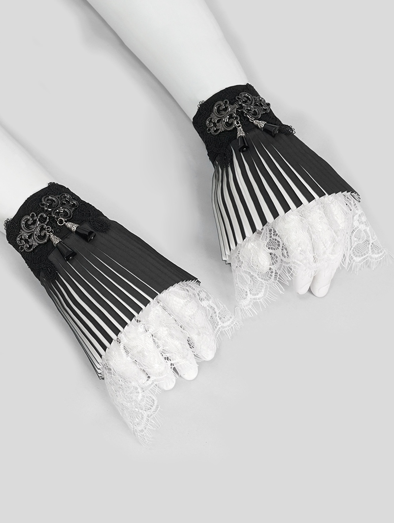 Black and White Gothic Lace Pleated Flared Gloves for Women