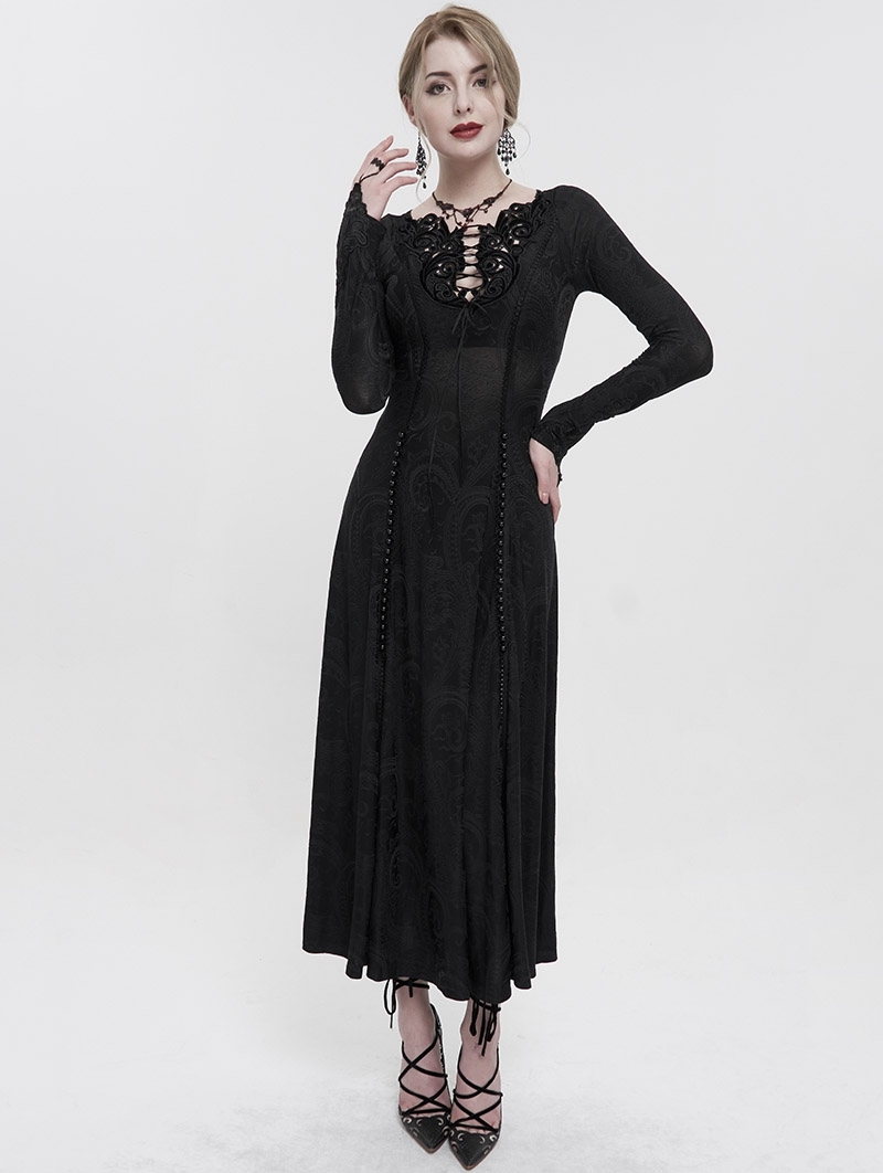 Black Vintage Gothic Sexy Lace Appliqued Long Sleeve Dress