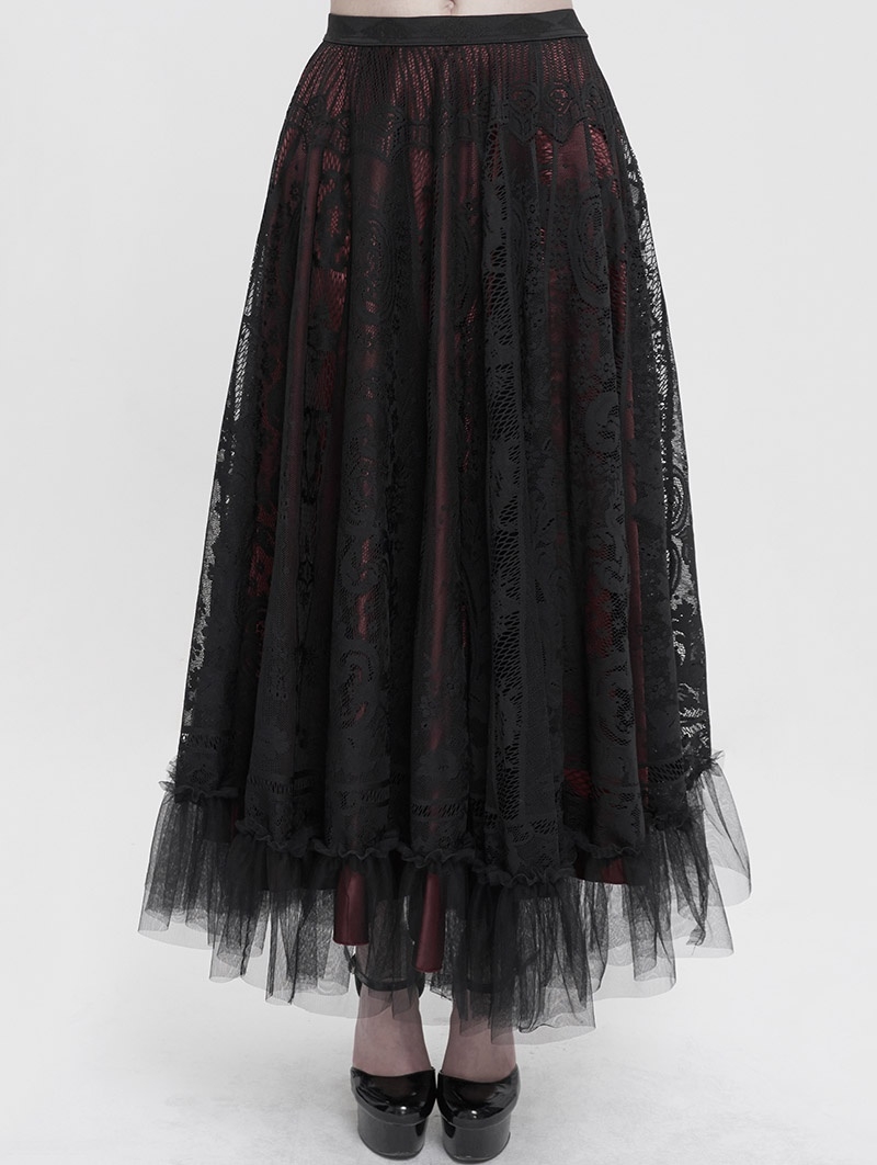 Wine Red Vintage Gothic Elegant Lace Long Skirt