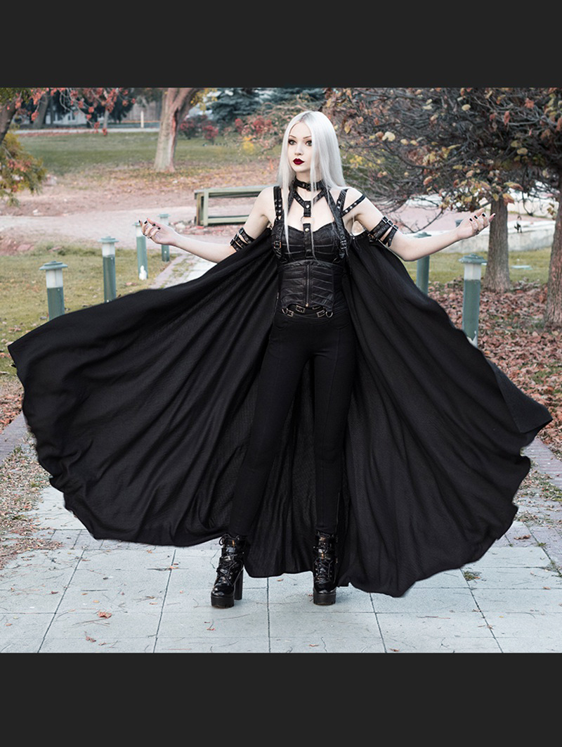 Women's Black Gothic Punk Cape With Chain